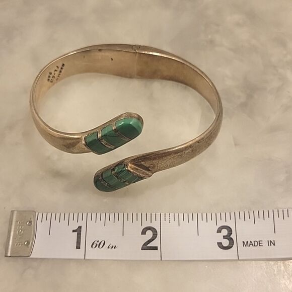 Signed Vintage Mexico Taxco Malachite 925 Sterling Silver Bangle Bracelet Cuff - Picture 10 of 12